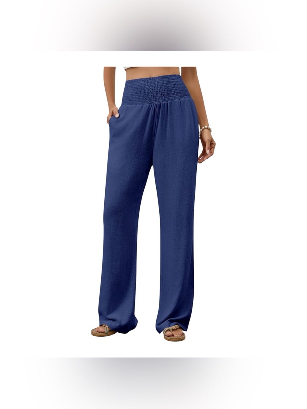 Nautical Cotton/Linen Wide-Leg Palazzo High-Waisted Smocked Pants- Navy
